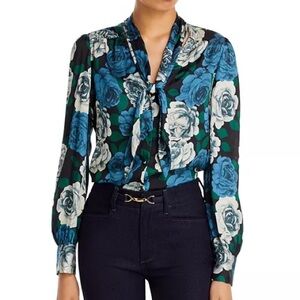 New Paige x Anthropologie Cleobelle Scarf Lg Blue Black Floral Silky Buttondown